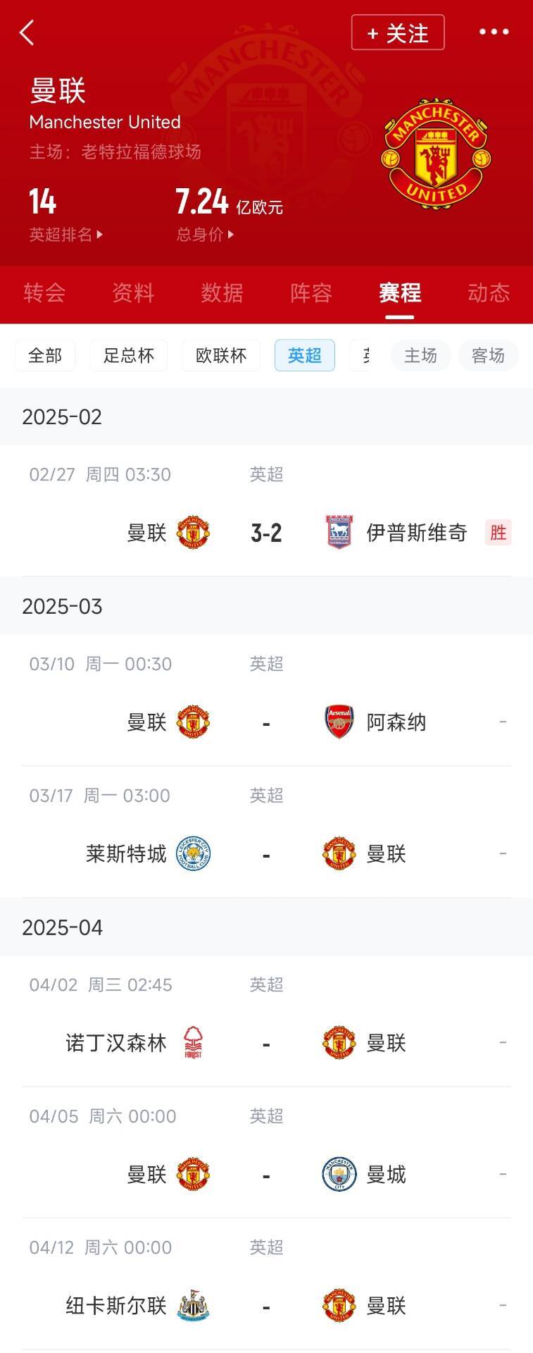  藍狐救一下？曼聯(lián)未來5輪將遭遇英超2/3/4/6名：槍手森林曼城紐卡