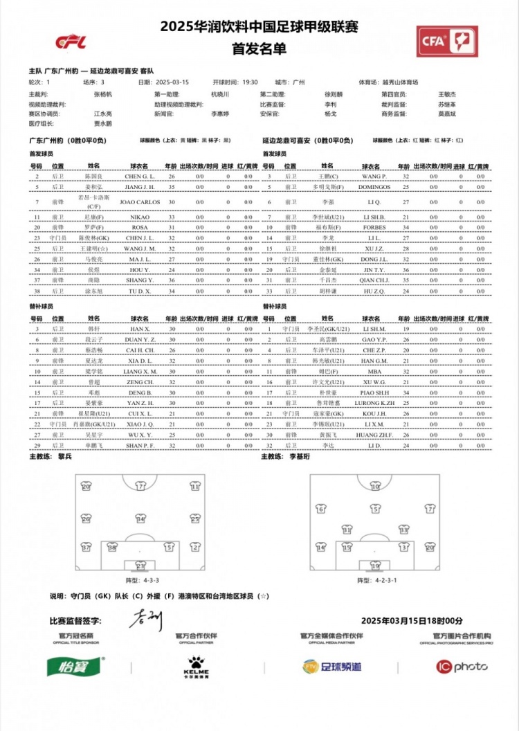  廣州豹vs延邊龍鼎首發(fā)：卡洛斯、羅薩、尼康三外援領(lǐng)銜廣州豹