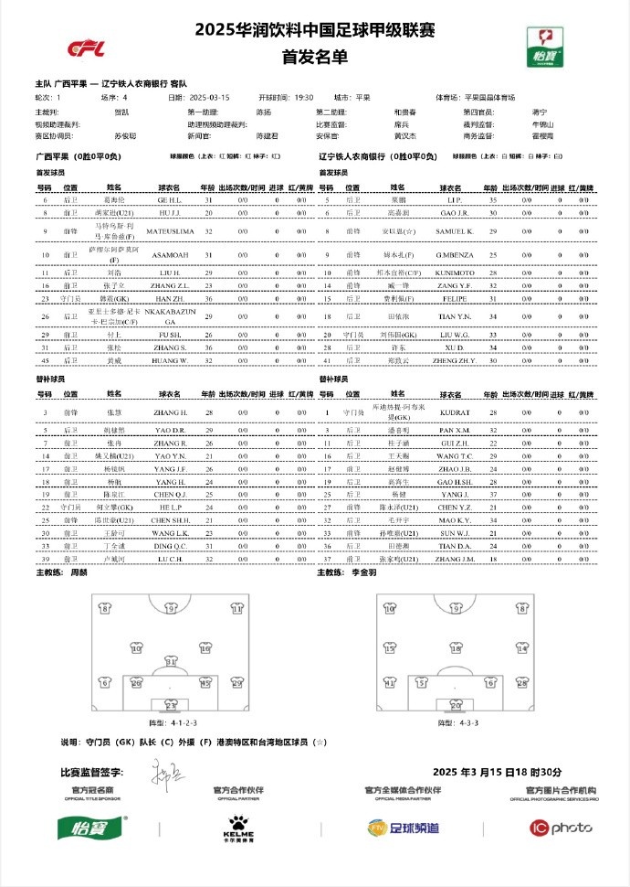  中甲-廣西平果vs遼寧鐵人首發(fā)：三外援對決三外援，安以恩出戰(zhàn)