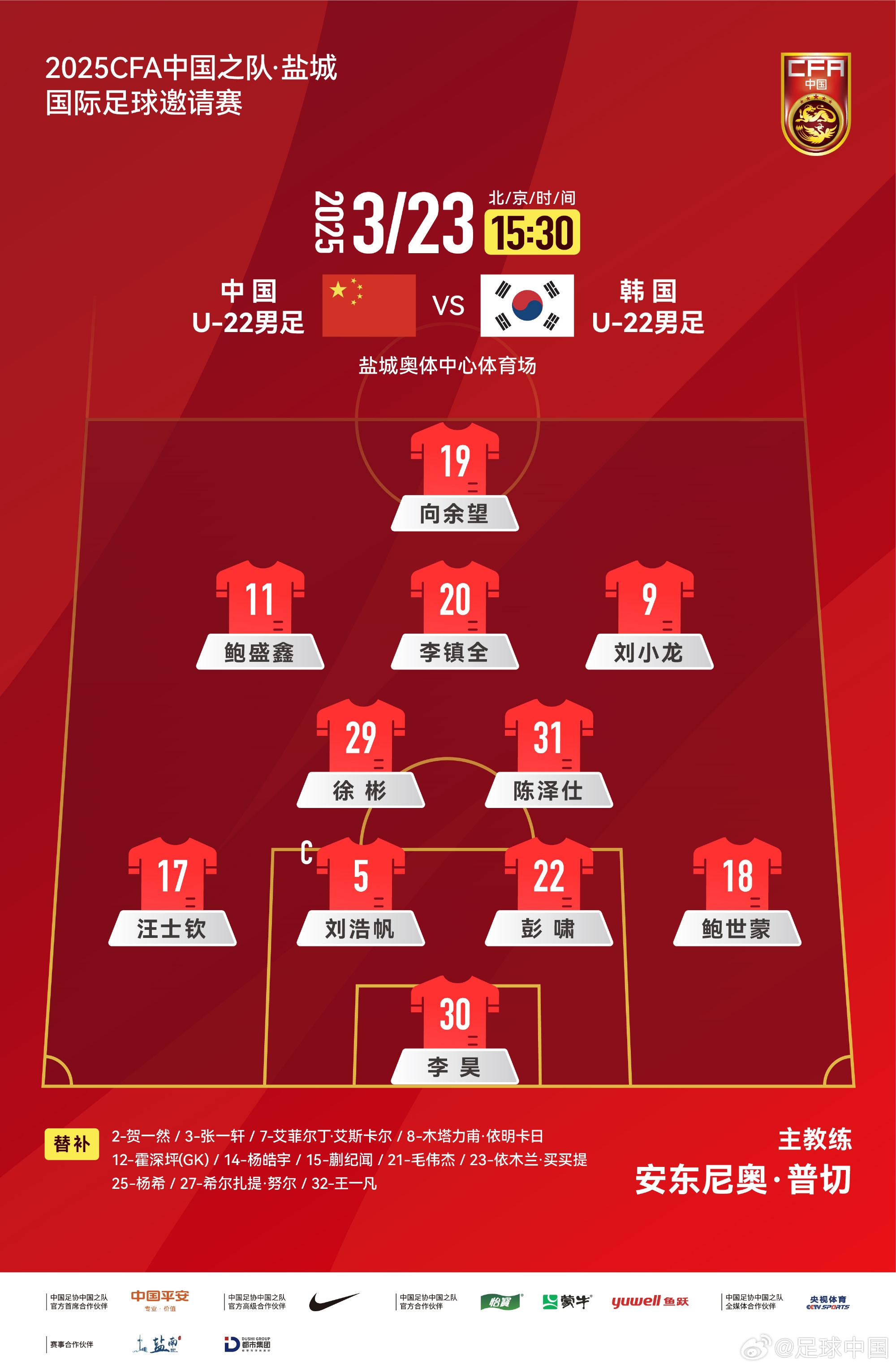  鹽城四國賽，中國U-22男足對陣韓國U-22男足，中國隊首發(fā)陣容